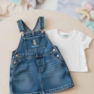 ​VINTAGE Ralph Lauren Polo Bear Denim Overall Dress Jumper - Infant Girl 3-6M